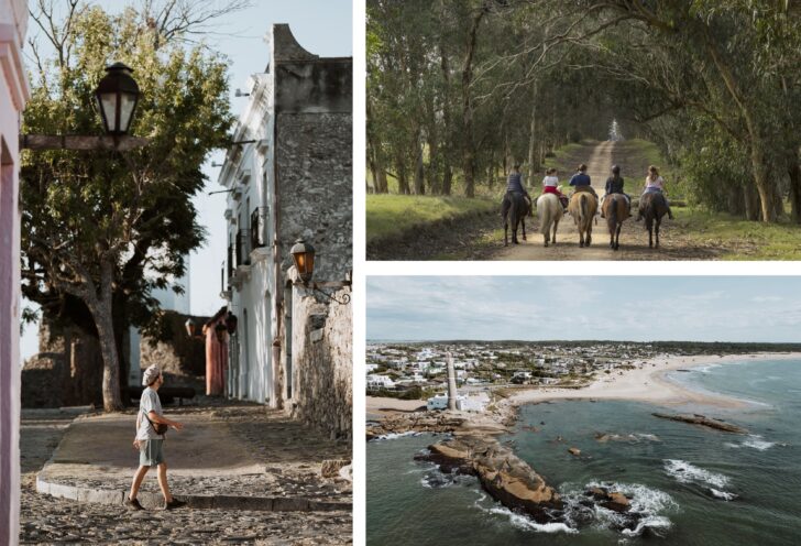 Three photo layout of best places to visit in Uruguay including Colonia, Uruguay, horseback riding and the coast. 