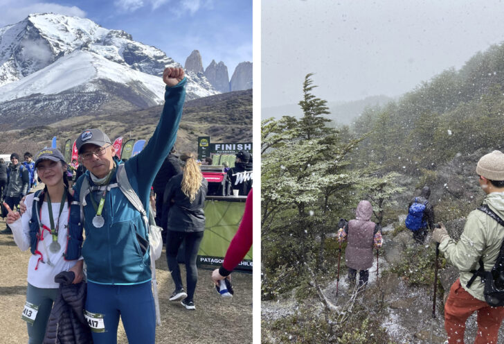 Knowmad Adventures Photo Contest: Left - marathon runners is Patagonia, Torres del Paine National Park, Chile. Right - Snowy hike in Argentina 