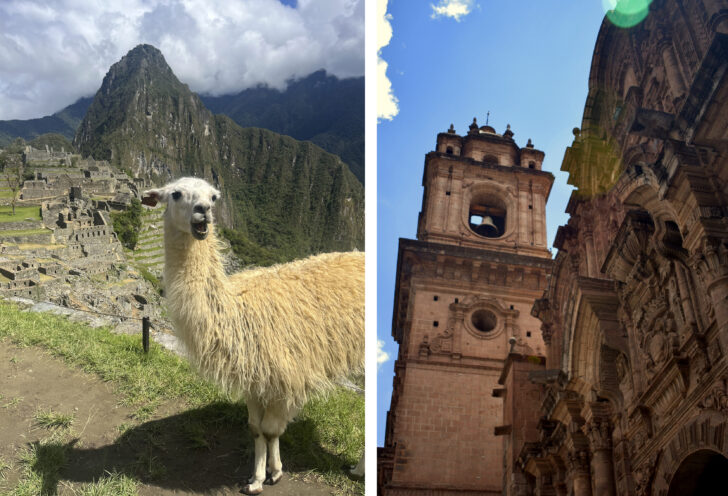 Knowmad Adventures Photo Contest: Split image: Alpaca overlooking Machu Picchu and colonial church in Cusco
