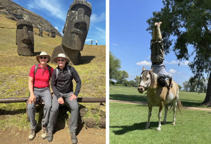 Knowmad Adventures Photo Contest: Left - couple in front of Moai on Easter Island or Rapa Nui. Right - Man in Argentina doing a headstand on a horse.