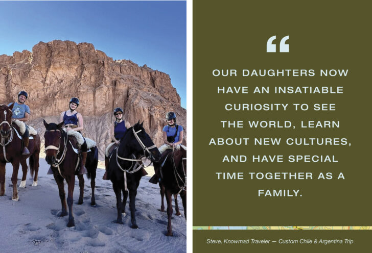 Knowmad travelers pose for a family picture while horseback riding in Argentina