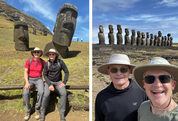 Knowmad Travelers pose in front of Moai on Easter Island or Rapa Nui