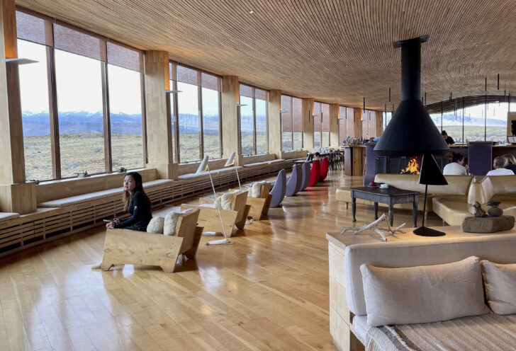 View of lobby at Tierra Patagonia lodge on Knowmad traveler's Antarctica and Patagonia exploration.