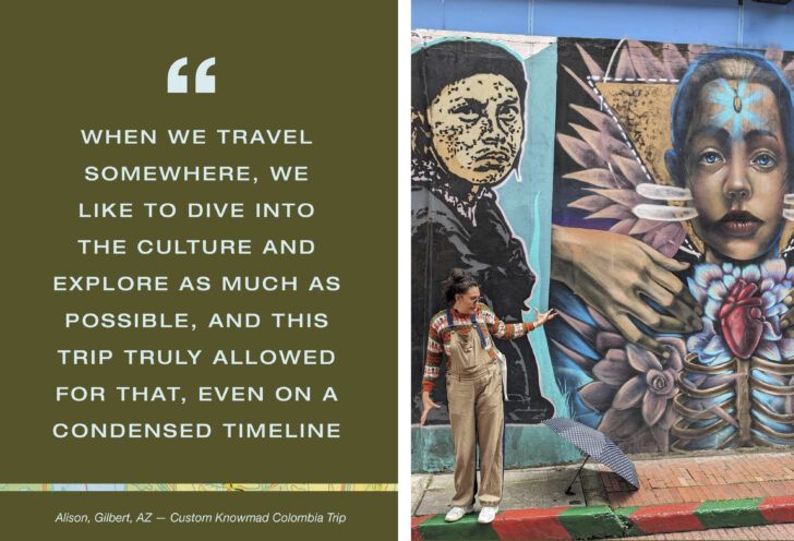 Local artist poses in front of a street mural during Knowmad traveller's adventure in Colombia
