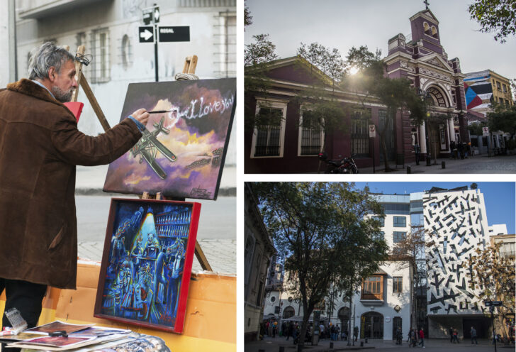 Artist paints in the Lastarria neighborhood in from of historical buildings. 