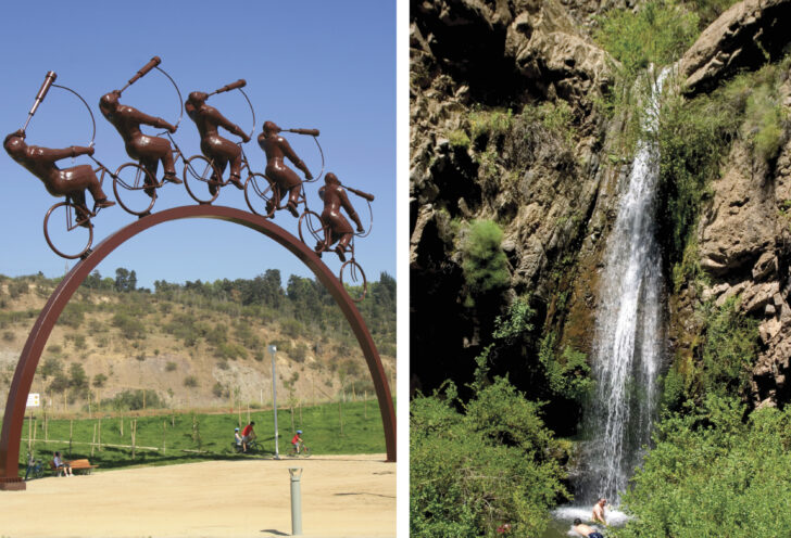 Collage of a statue and a waterfall from parks in Santiago, Chile. 