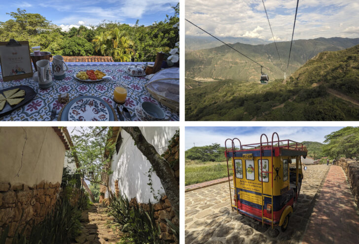 The town of Barichara, with cobblestone streets, historic architecture, and scenic viewpoints set against a hilly countryside.