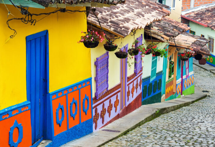 Colorful buildings on a street in Bogotá, Colombia.