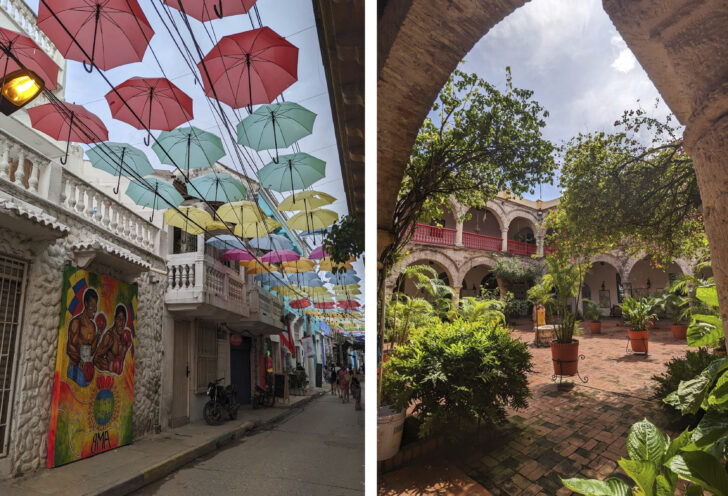 Street scene and courtyard in Cartagena, Colombia.