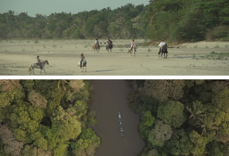 Cowboys riding horses along a beach in Colombia’s Llanos, showcasing the llanero culture, with an overview of the Orinoco River.