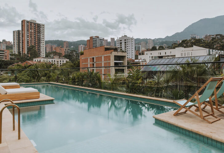 An inviting swimming pool overlooking the city of Medellín. Colombia.