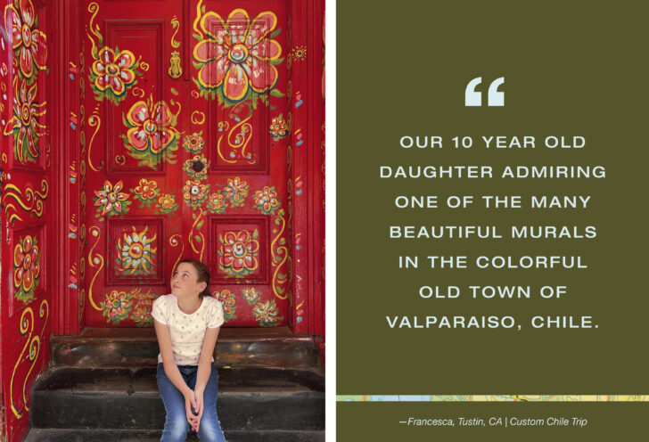 Admiring the murals in the colorful old town of Valparaiso, Chile.